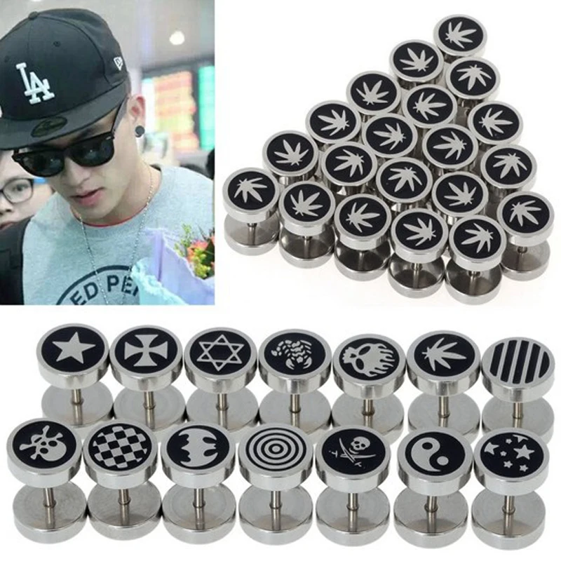 2Pcs  Punk Gothic Stainless Steel Round Plain Men Fake Cheater Ear Plugs Stretcher Gauge Illusion Body Pierceing Jewelry