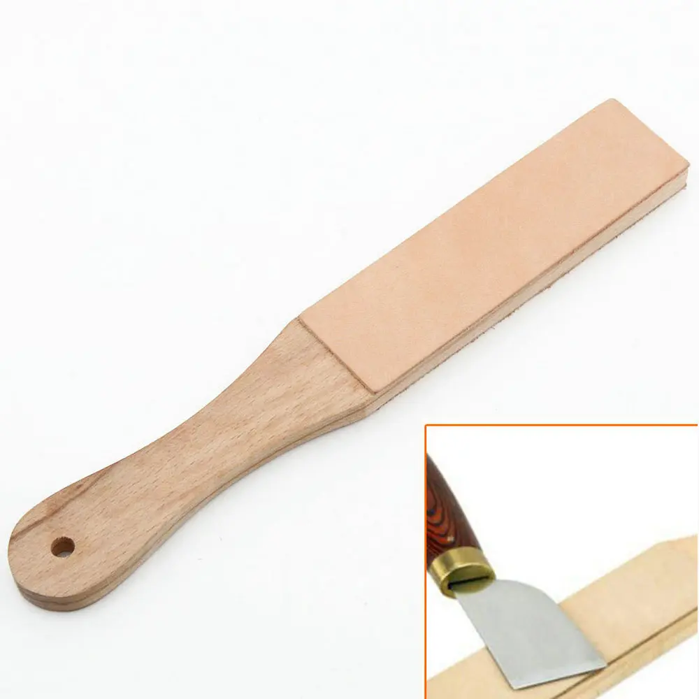 Wood Handle Leather Sharpening Strop Tool Double Sided Includes Polish Compound for Shaving Razors Knives Leather Cutting Tools