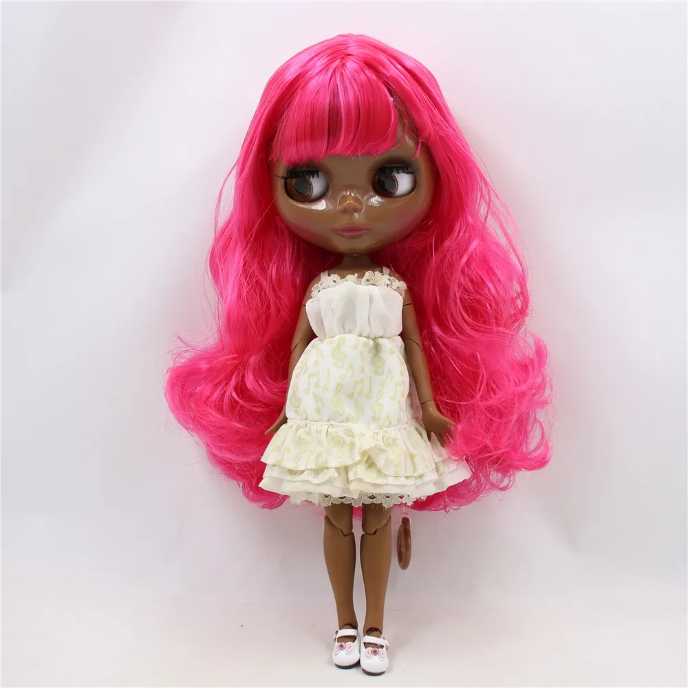 ICY DBS Blyth doll super black dark skin Glossy face joint body deep pink curly hair.No.BL1290