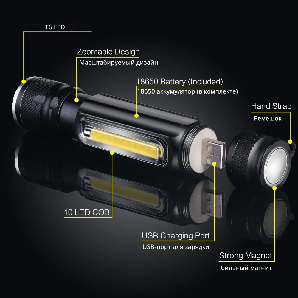 Waterproof Rechargeable LED Flashlight COB Work light Torch 4 lighting modes Support zoom Used for camping, cycling, work, etc