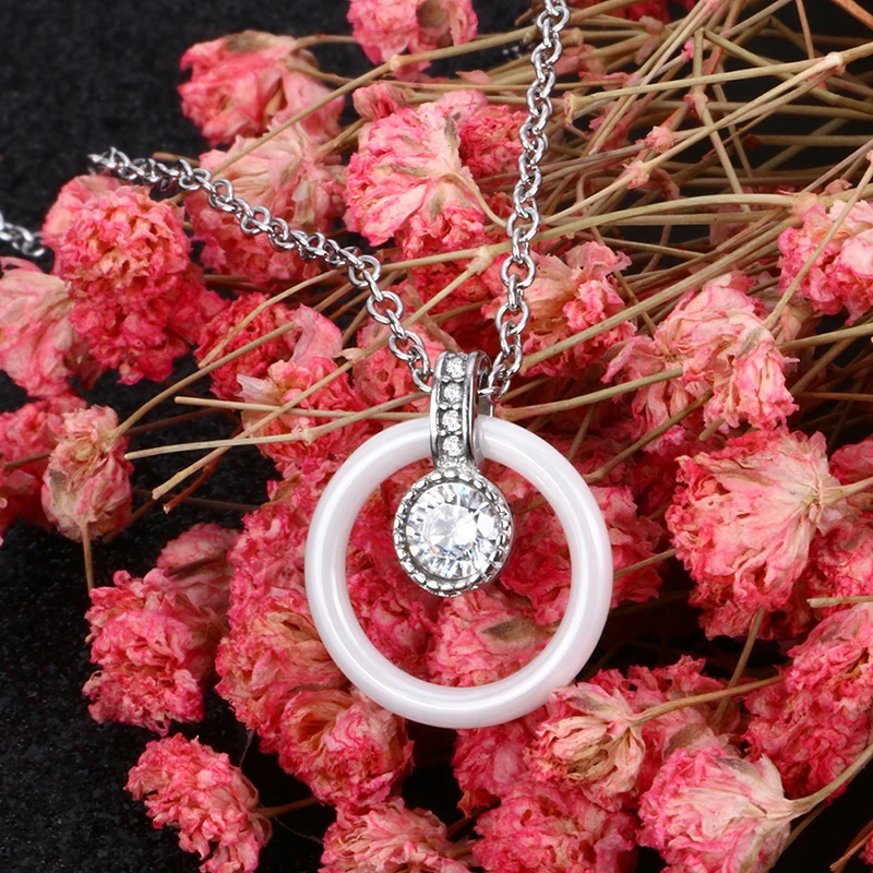 New Big CZ Crystal Stone Ceramic Necklace And Pendants Jewelry  For Women With Free Chain Fashion Simple Style Wedding Jewelry