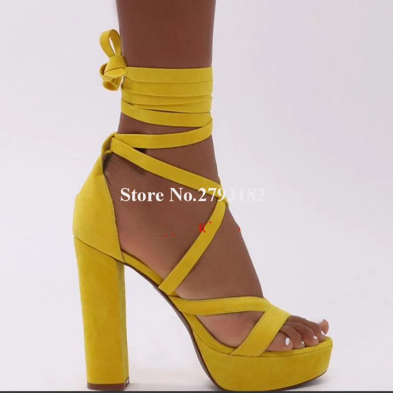 

Hot Sale Women Fashion Open Toe Suede Leather High Platform Gladiator Sandals Lace-up Red Yellow Chunky Heel Sandals Dress Shoes