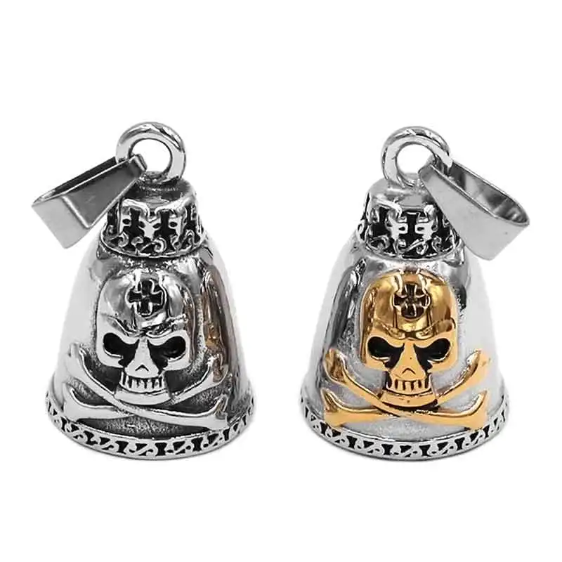 Bone Skull Cross Biker Bell Pendant Stainless Steel Heavy Gold Silver Color Men Gift SWP0509A (Has steel ball, no bell sound)