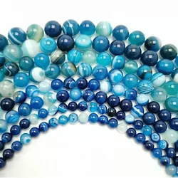 Natural Peacock Blue Zircon Stripe Agates Round Loose Beads 6 8 10 12 14 MM Pick Size For Jewelry Making