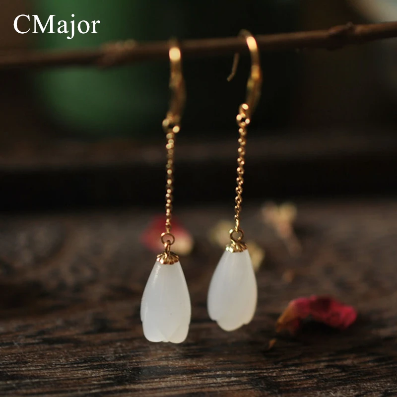 CMajor Vintage Gold Color Tassel Long Ear Wire Natural Stone Michelia Alba Shaped Earrings For Women Delicate Handmade Jewelry