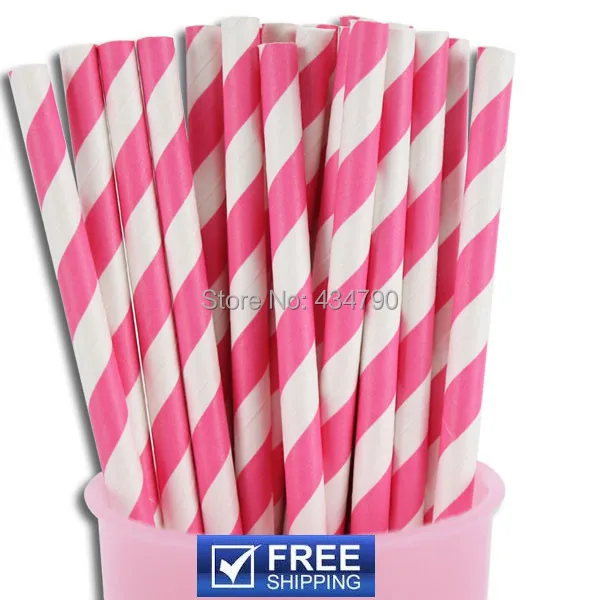 200 Pcs Stripe Print Hot Pink Paper Straws Wholesale,Party Cake Pop Sticks Mason Jar Straw,Wedding Baby Shower Kids Birthday