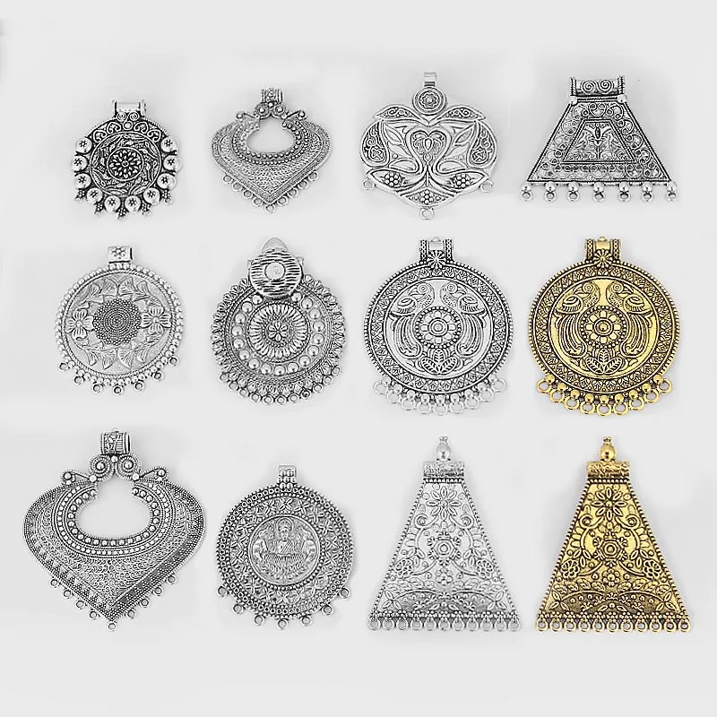 2pcs Tibetan Silver Boho Ethnic Large Round Charms Embossed Flower Pendants For Tassel  Necklace DIY Jewelry Making Findings