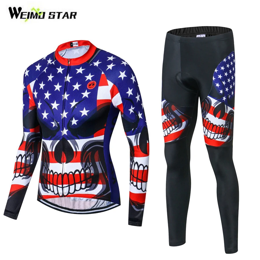 

WEIMOSTAR USA Team Men's Cycling Jersey Set Long Sleeve Riding Ropa Ciclismo T-shirt Bicycle Top Biking Clothing Bib Pants Set