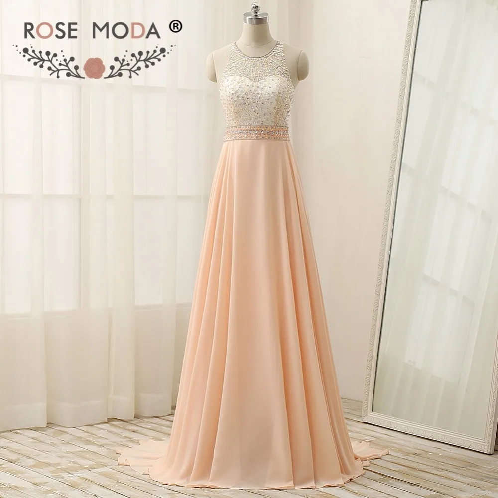 Rose Moda Crystal Beaded Backless Peach Evening Dress Floor Length Real Photos