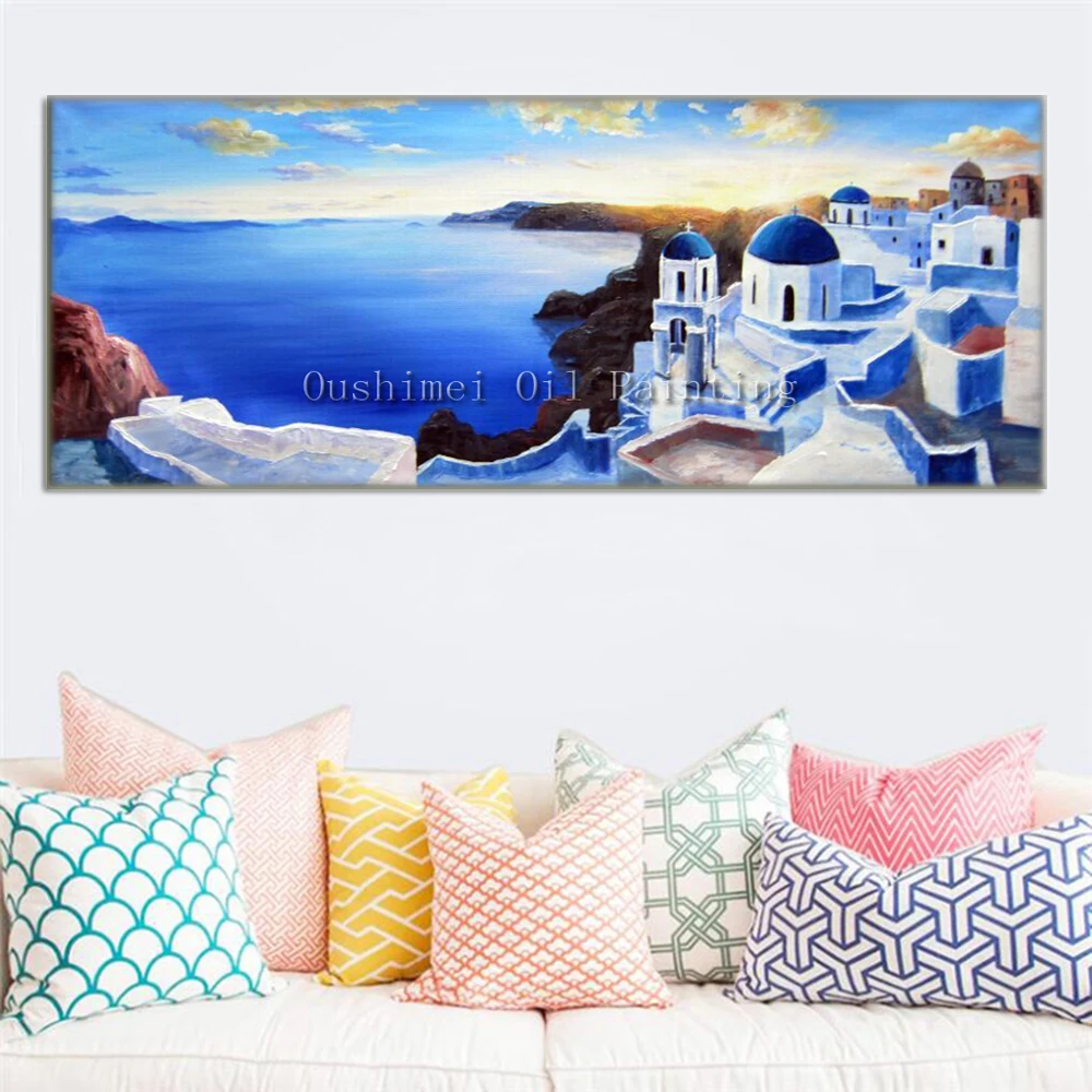 Hand Painted Knife Landscape Oil Painting Modern Aegean Sea View Picture Handmade Wall Art Blue House Seascape Canvas Picture