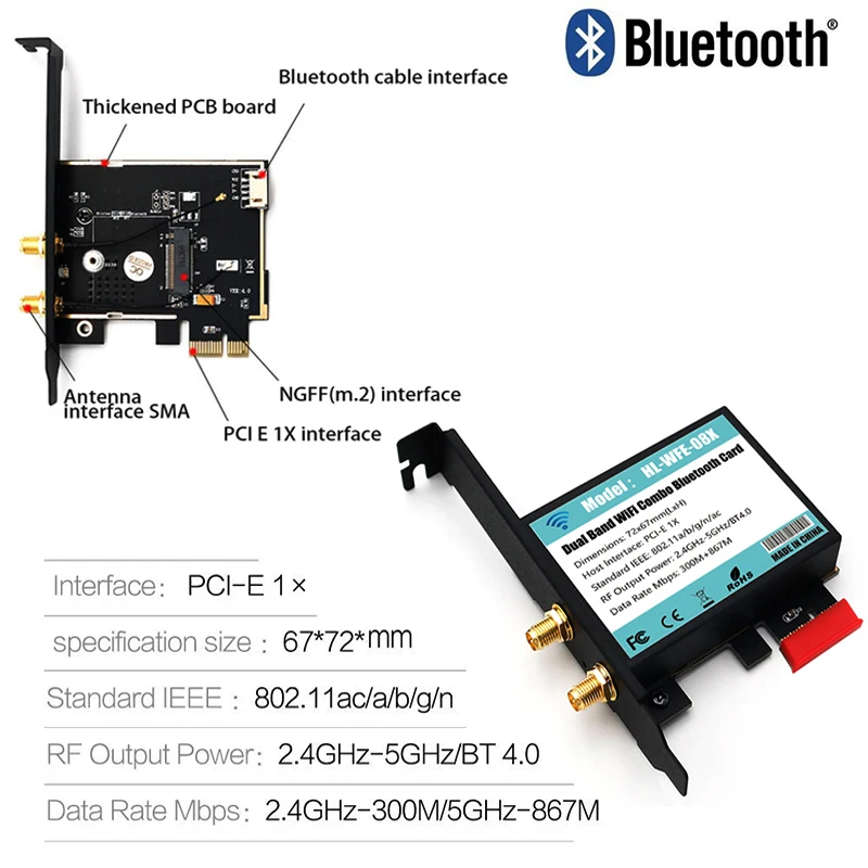 Adaptateur wifi de bureau sans fil ngff m.2 key a Pci-e, mini carte réseau, prise en charge de 802.11 AC/B/G/N/A, bluetooth 4.0