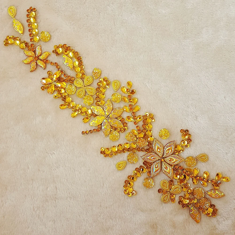 GORGEOUS 10x24cm Yellow Crystal Rhinestone Beaded Designer Patches Sew-on Applique Sequins DIY Wedding for Belt Waist Decoration