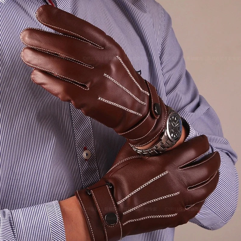 Mens Gloves sheepskin Genuine Leather Gloves Button Wrist Solid Male Leather Gloves Fashion Men's Driving Winter Warm Gloves