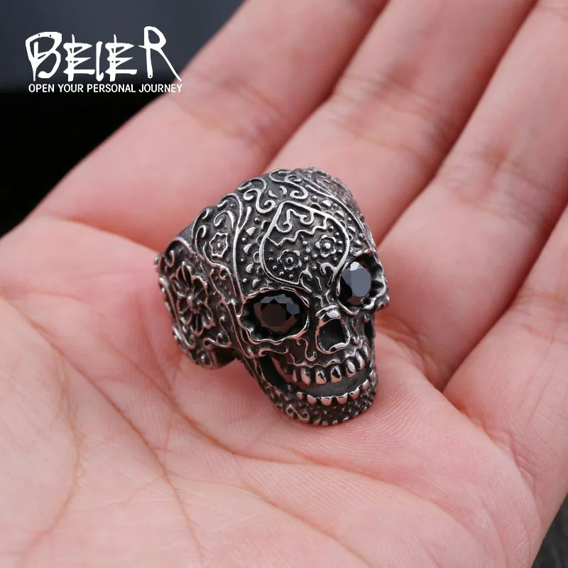 Beier 316L stainless steel ring hot sale punk biker skull man Classic Garden Flower Skull ring fashion jewelry LLBR8-430R