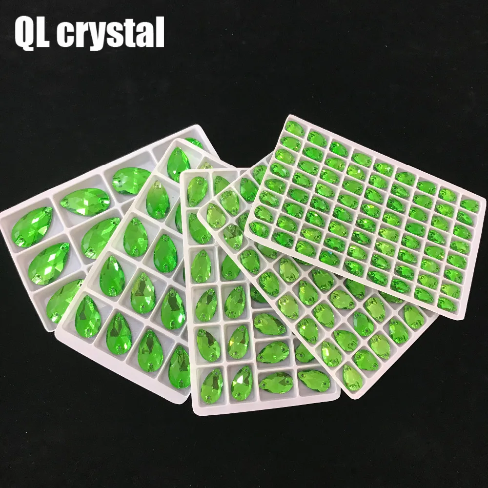 ALL Size QL Crystal 2018 popular Grass green Drops Sew On Crystal Stones Sewing On Rhinestone 2 Holes DIY Garment Dress Making