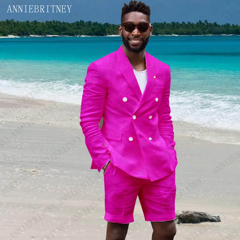 ANNIEBRITNEY-Fato de linho masculino, slim fit para casamento do noivo, jaqueta com calças curtas, blazer masculino, rosa quente, verão, 2020, 2