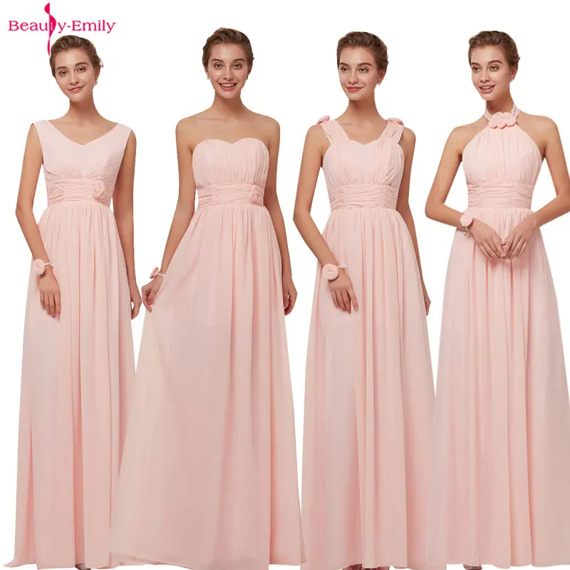 

Long Chiffon Blush Pink Bridesmaid Dresses A-Line Vestido De Festa De Casamen Formal Party Prom Dresses