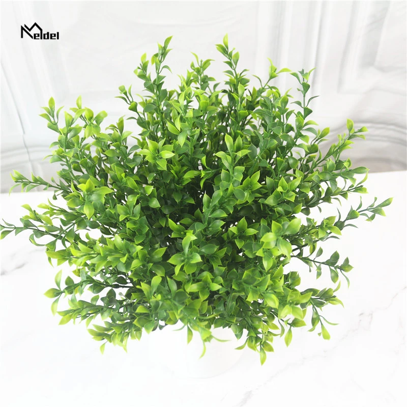 Meldel Mini 7 Forks Green Plant Artificial Flowers Eucalyptus Plastic Money Leaves Fake Grass Bush DIY Home Garden Decoration