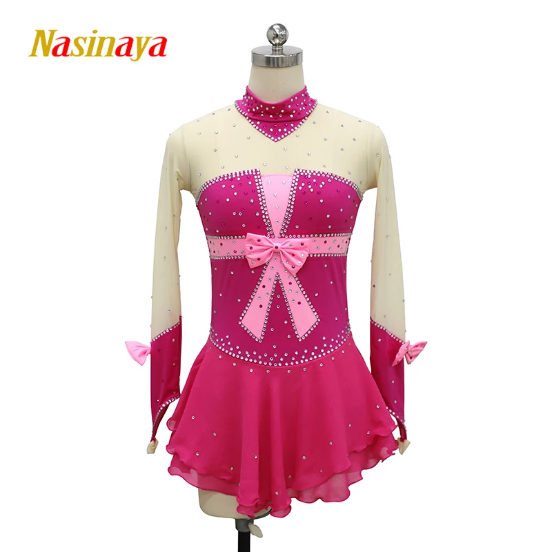 Nasinaya Figure Skating Dress Customized Competition Women\'s Children\'s Rhythmic Gymnastics Pink Bow One Line Neck Clothing