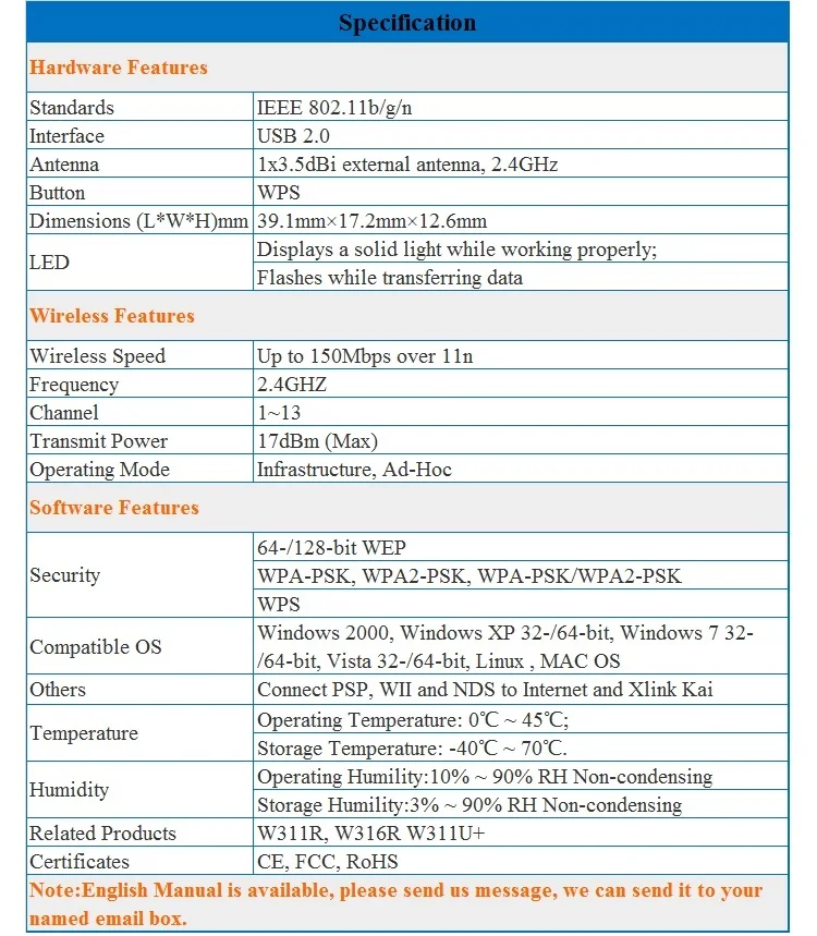 Tenda W311MA no need driver 150Mbps Wireless N USB Adapter Network Adaptor with 1 external antenna, Supports soft AP, Free&ship