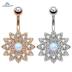 1Pc White Opal Lotus Belly Button Rings Navel Piercing Ombligo Stainless Steel 1.6x10mm Bar Flower Belly Ring Pircing Earring