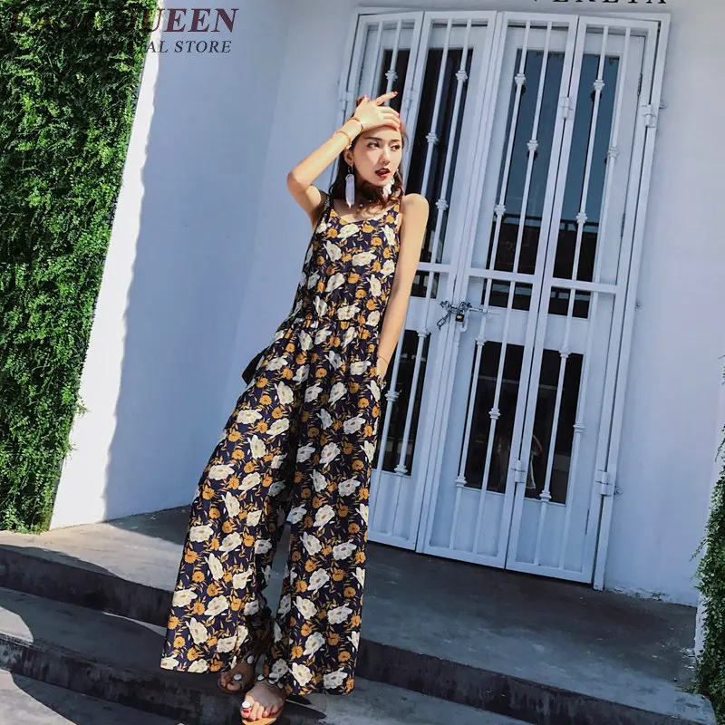 Tinggi Pinggang Jumpsuit Wanita 2018 Vintage Floral Cetak Jumpsuit Wanita Elegan Tanpa Lengan Lebar Kaki Jumpsuit dengan Kantong NN0746 YQ