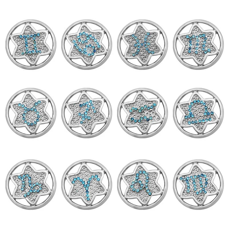 New PL0134 Beauty Trendy Hexagonal star blue rhinestone 12 constellations 18MM metal snap buttons fit DIY snap bracelet jewelry