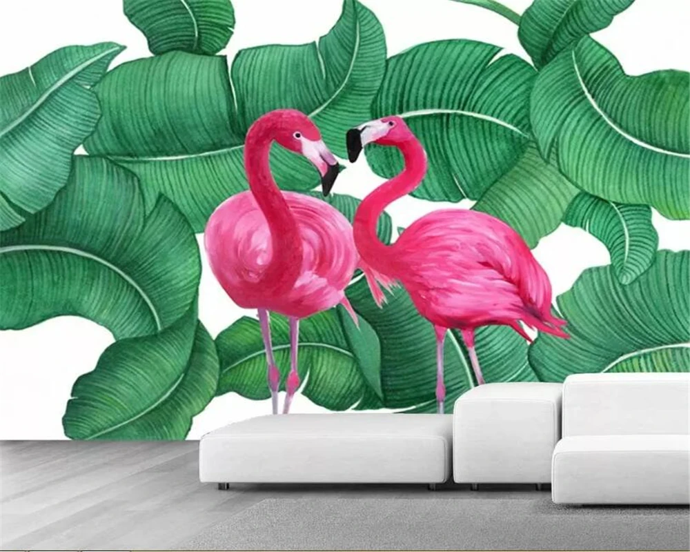 Custom high quality 3d wallpaper HD Hand Painted red Flamingo Banana leaf background wall papel de parede 3d wallpaper