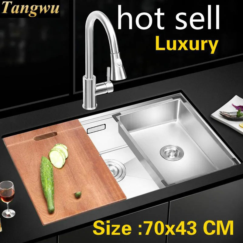 

Free shipping Apartment kitchen manual sink single trough stretch faucet do the dishes 304 stainless steel hot sell 700x430 MM