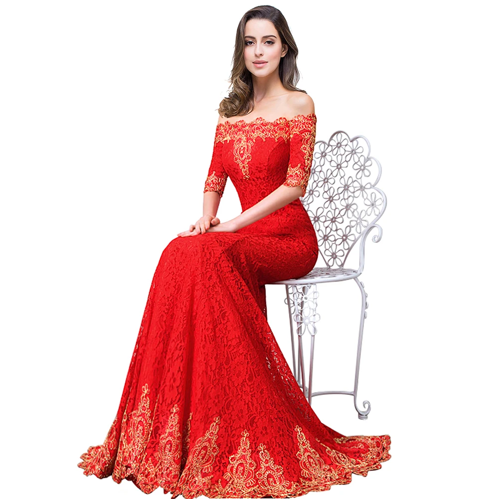 Robe de bal de forme sirène rouge en dentelle dorée, longue, demi-manches, bon marché, offre spéciale