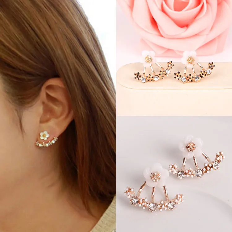 The New Flower Crystals Stud Earring For Women Rose Gold Color Double Sided Fashion Jewelry Earrings Female Ear Brincos Pending