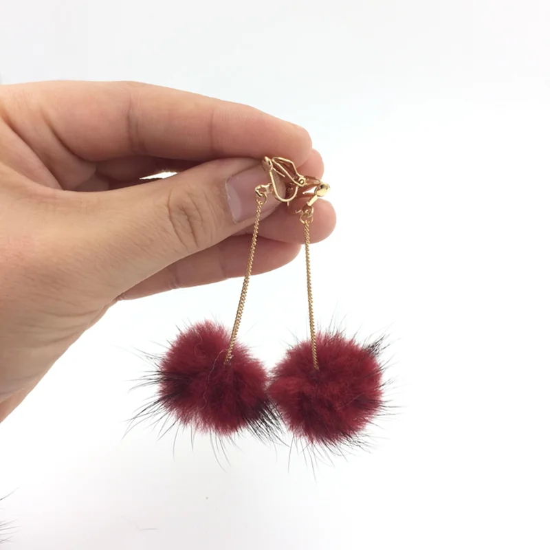 GRACE JUN Clip on Earrings No Pierced for Women Fashion Bridal Wedding Top Quality Rabbit Mink Fur Ball Cuff Earrings No Allergy