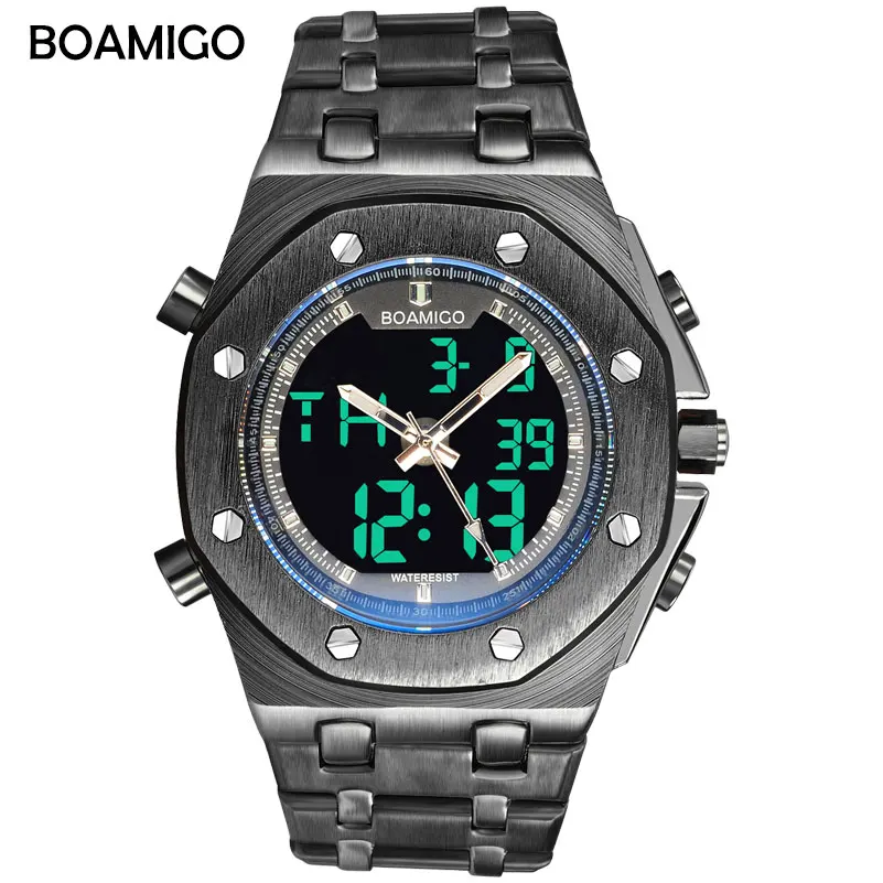 

BOAMIGO brand men multifunction sport watch analog digital quartz wristwatch black stainless steel gift clock Relogio Masculino