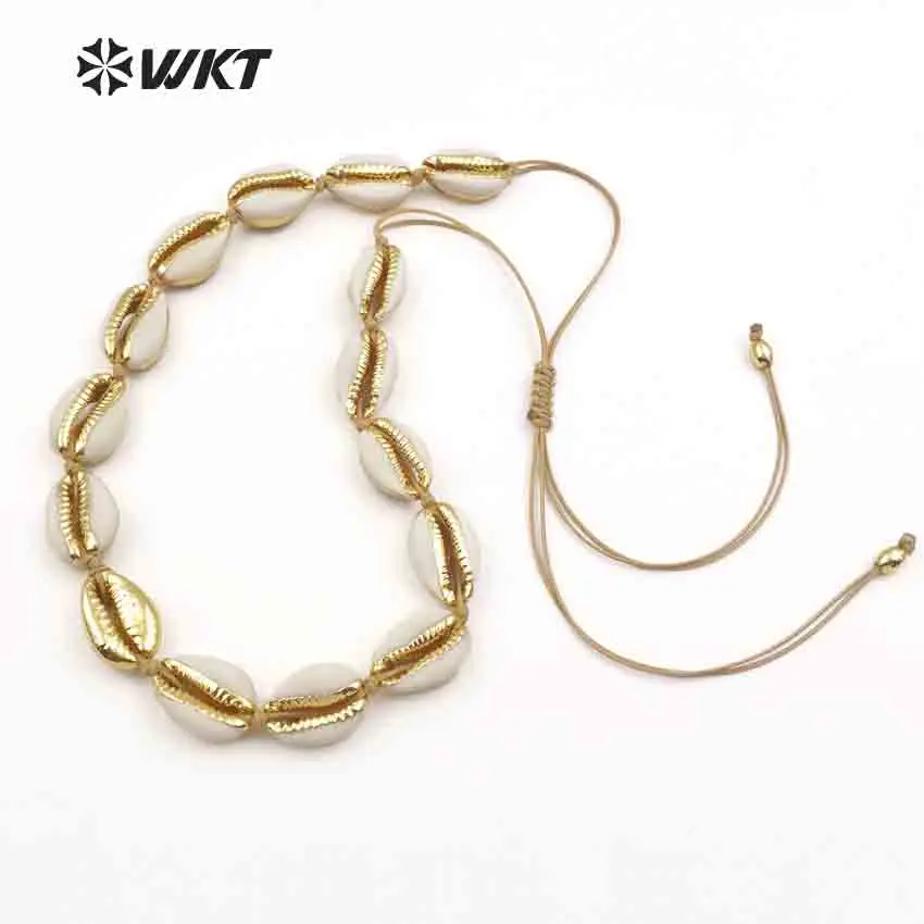 WT-JN038 WKT Wholesale Natural Sea Cowrie Shells Necklace With Gold Electroplated Adjustable Size Chain Ladies Jewelry Gift