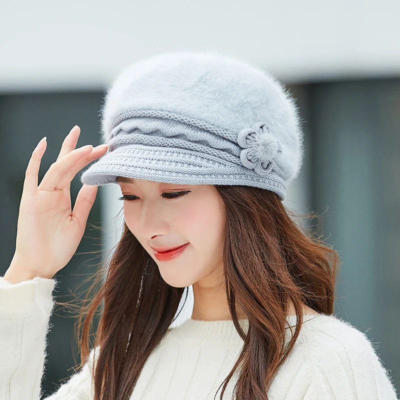 New Women Rabbit Fur Knitted Berets Hats Casual Solid Color Autumn Winter Hat Female Bonnet Caps Boina Feminino