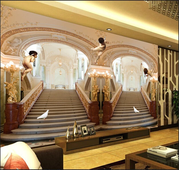 

Latest custom 3D large mural,3 d angels luxury European building stairs ,living room tv background bedroom wall wallpaper