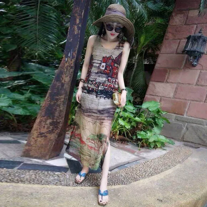 2023 New Fashion Summer Women Sexy Long Dress senza maniche O Neck Vintage House Printed Split Lady abiti Casual larghi S-4XL-