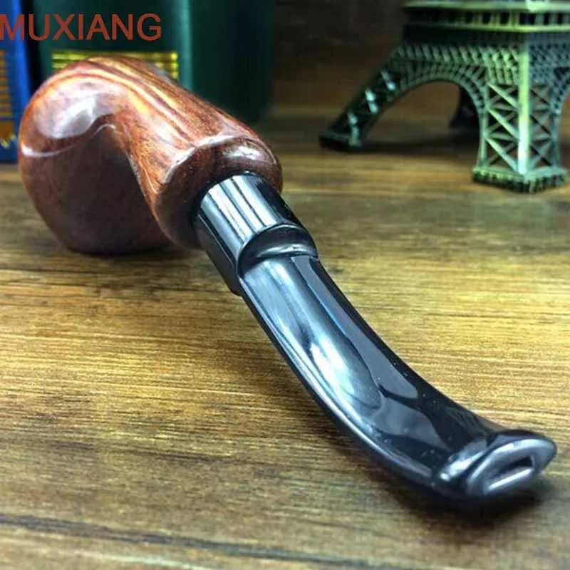 MUXIANG 10 Tools Kevazingo Wood Tobacco Pipe 9mm Activate Carbon Filter Bent Rhodesian Wooden Smoking Pipe Gift for Men ad0017