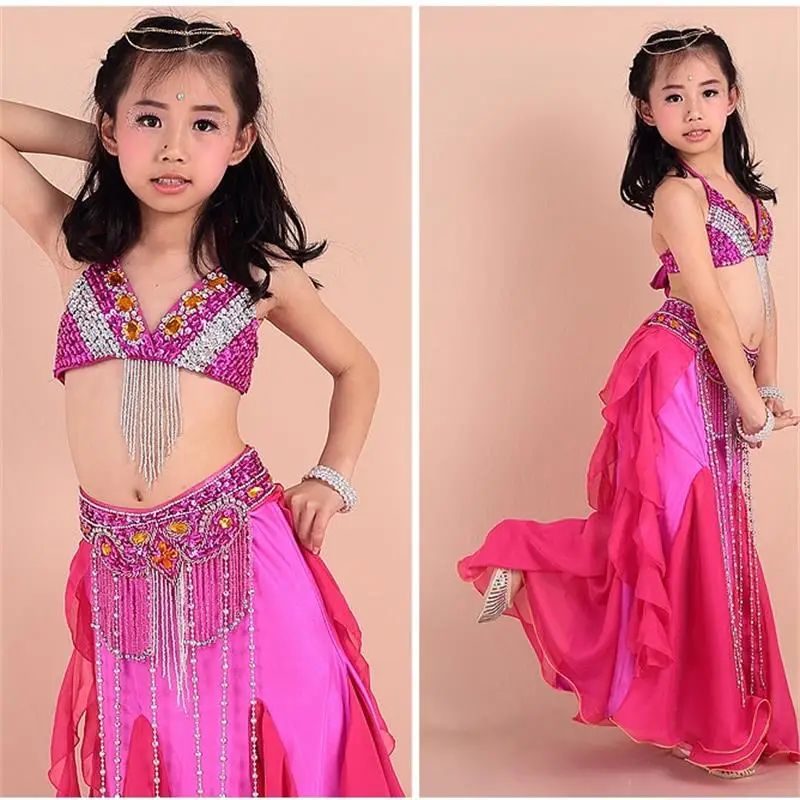 Traje de danza del vientre para niños, conjunto de 3 unids/set (sujetador, cinturón y vestido) de alta calidad, 8 colores, vestido de baile de bollwood, actuación India