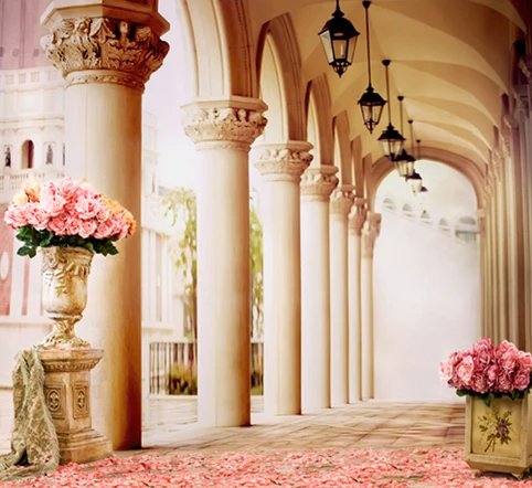 10x10FT Pink Flowers Petals Greek Column Pillars Passage Hallway Custom Photo Backdrops Studio Background Vinyl 300cm x 300cm