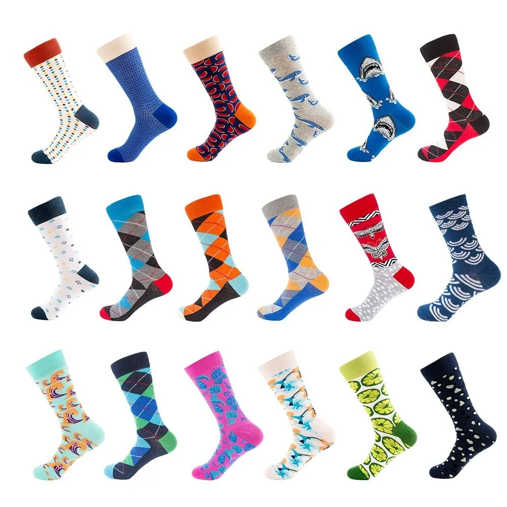 PEONFLY 1pairs Quality Men Happy Socks 18Colors Striped Plaid Shark Harajuku Socks Men Combed Cotton Calcetines Largos Hombre