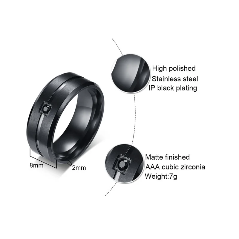 Vnox Men\'s Wedding Brand Ring Stylish Black Two Lines 8MM Stainless Steel Matte Rings for Men Inlaid AAA Cubic Zirconia