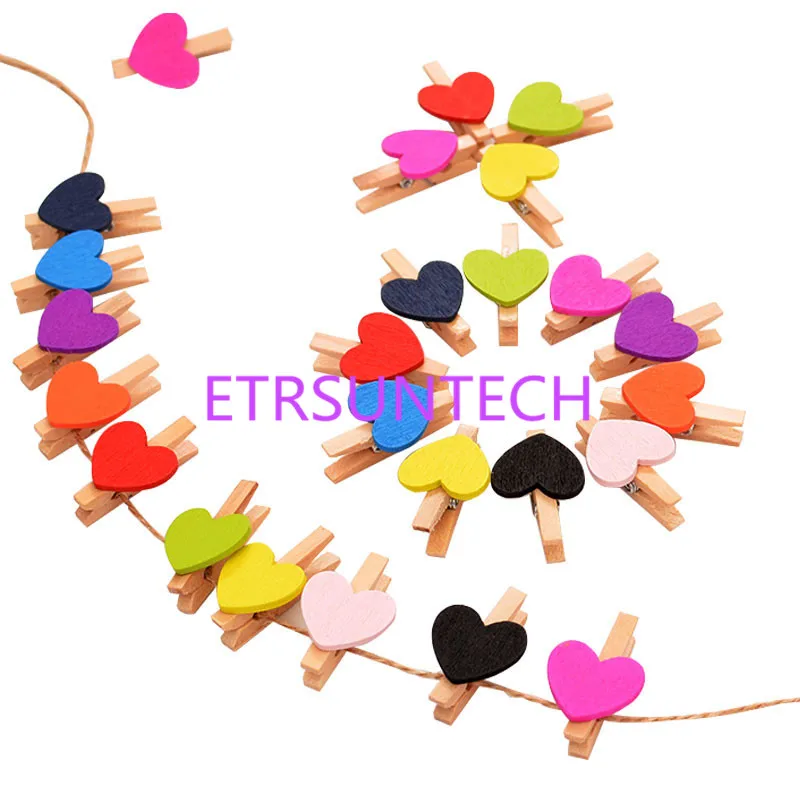 

2000pcs Love multicolour folder wedding small wooden clip mini wooden clip 10 color Heart Shape Wooden Paper Note Memo Clip