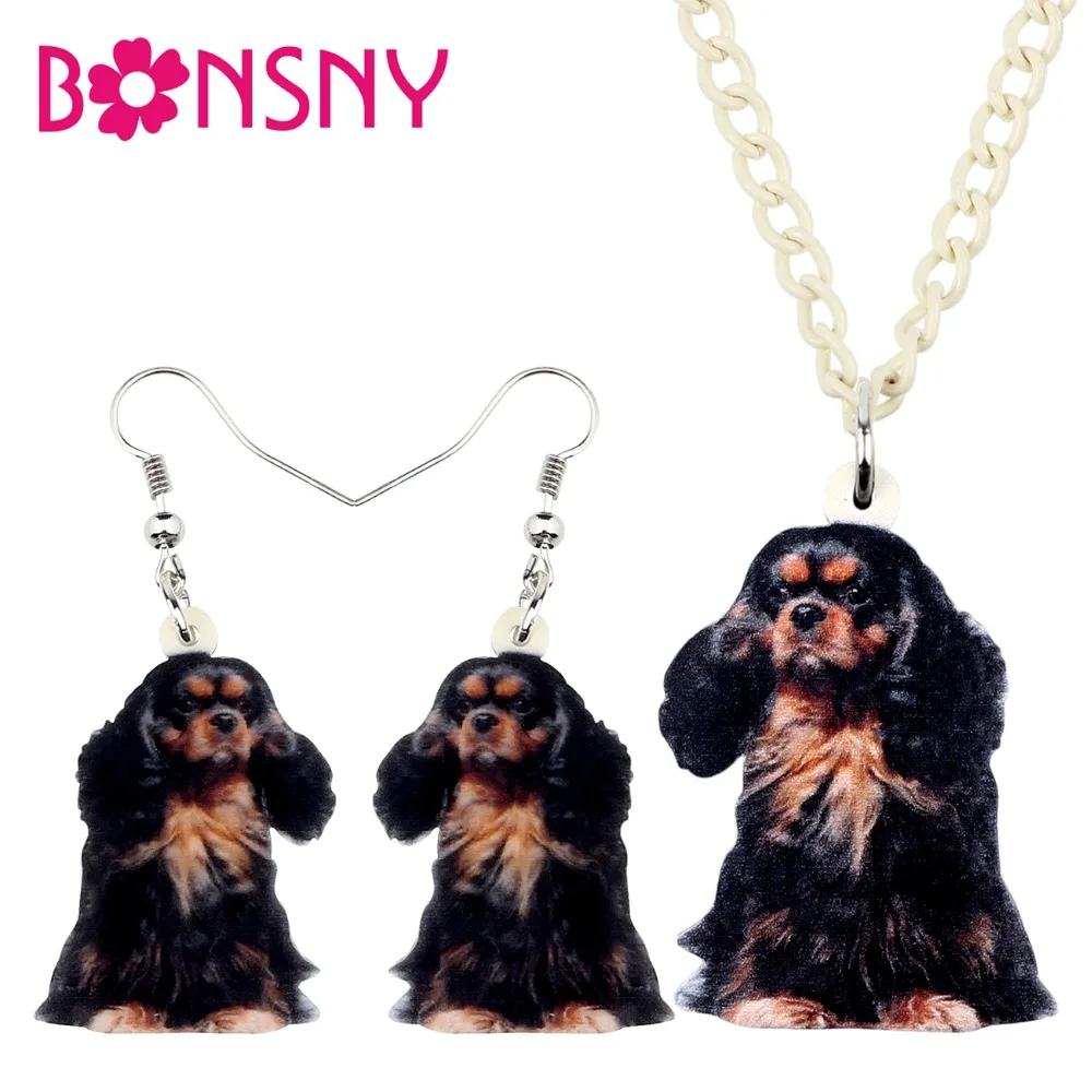 Bonsny Acrylic Jewelry Sets Cute Cavalier King Charles Spaniel Dog Necklace Earrings Fashion Pendant For Women Girls Decoration