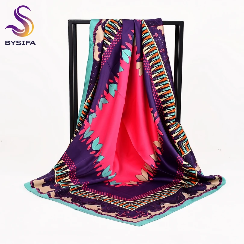 [BYSIFA] Women Square Satin Silk Scarf Brand Large Scarves Thicken Muslim Head Scarf Cape Lake Blue,Rose Red,Coffee,Beige,Yellow