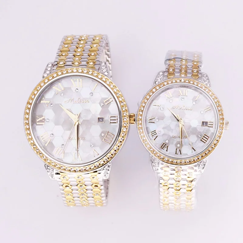 Luxury Melissa Men's Watch Women's Watch Elegant Rhinestone Stainless Steel Large Hours Crystal Clock Girl Birthday Gift Box