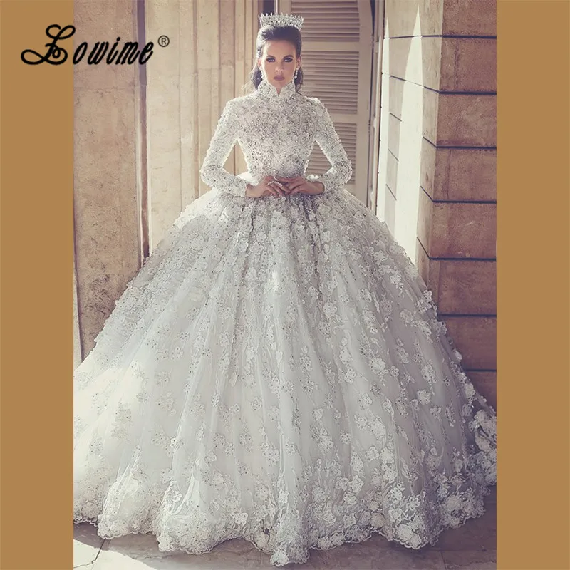 

Luxury Crystal Wedding Dress Cathedral Gowns Middle East Lace Bridal Wedding Dresses Turkey Long Sleeve Robe De Mariage Custom