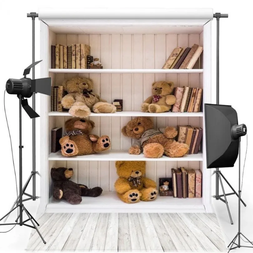 

Modern Kids Bookshelf Bookcase Teddy Bear backdrop polyester or Vinyl cloth High quality Computer print wall background