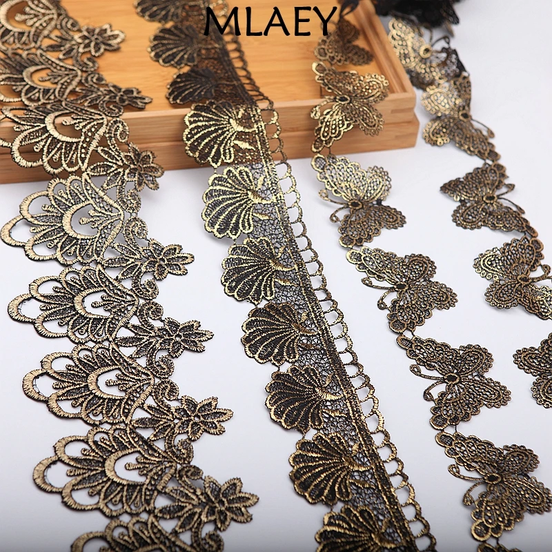 MLAEY 2yards/lot Embroidery Golden lace fabric trim ribbon for Sewing Wedding Dress Decoration Headwear Materials 19528