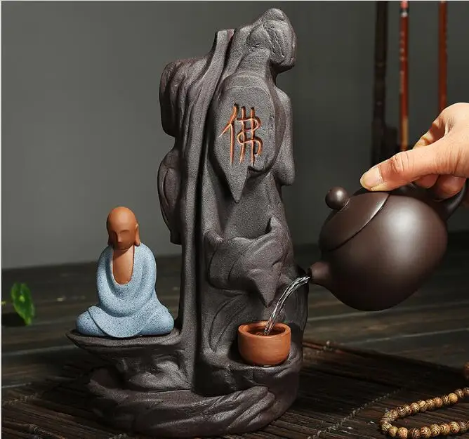 Home Decor Buddhism Incense Burner Rockery Buddha Monk Bullet Blackflow Incense Cones Burner Smoke Ceramic Censer Burner